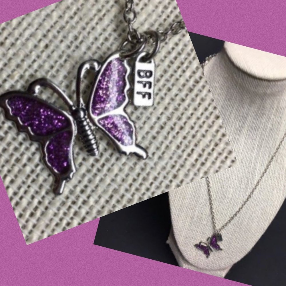 Butterfly BFF Necklace Pendant Purple Glitter Enamel Silver Chain Soft Girl